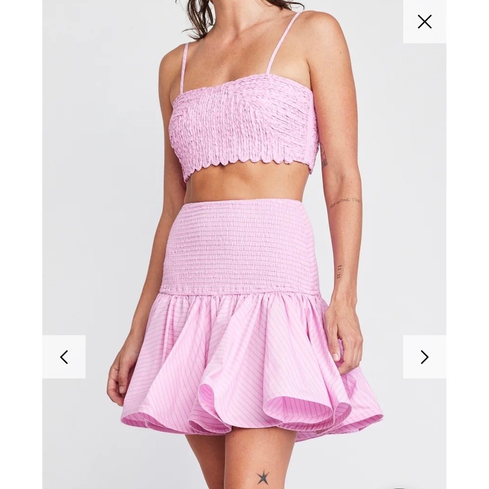 Self Contrast Pink Striped Smocked Ruffle Mini Skirt 100%‎ cotton Barbiecore NEW